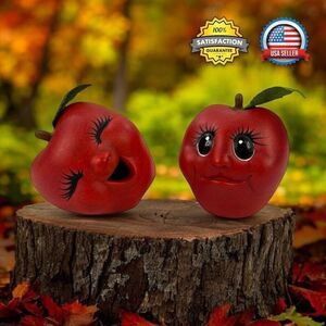 Vintage 2pc Ceramic Anthropomorphic Apple Figurines Kitschy Shelf Sitters 2.5"